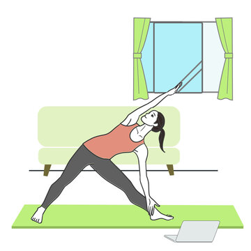 recommend clip art: 室内でオンラインレッスンを受けながらヨガの三角のポーズをとる若いタンクトップの女性の全身の線画