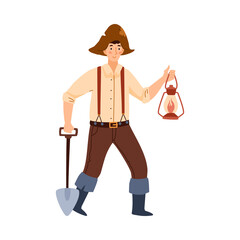 Gold digger or miner male cartoon character, flat vector illustration isolated.