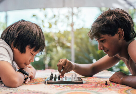 two boys play chess in the garden. the boys are of indian and chinese origin. concept of cultural diversity and ethnicity
