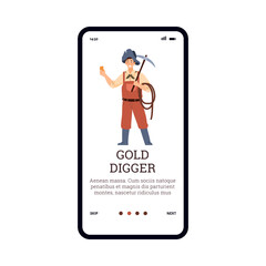 Onboarding page with gold digger or treasure hunter flat vector illustration.
