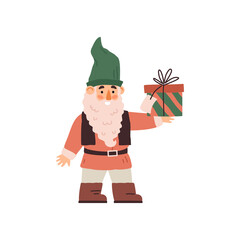 Funny old bearded gnome holding gift box, flat vector illustration isolated.