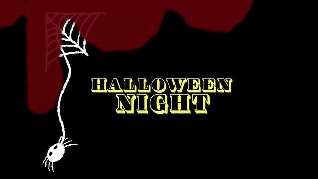 Animation of halloween night text over spiderweb on dark background