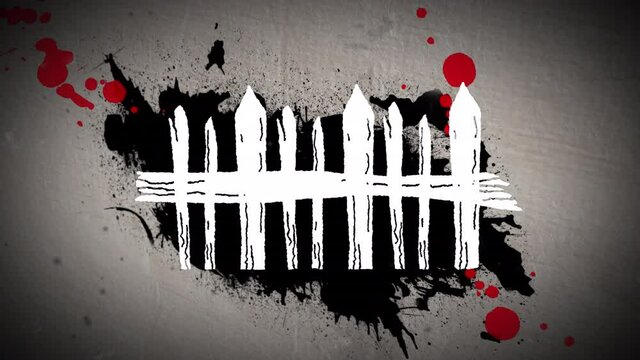 Animation of fance over red blots over stripes grey background