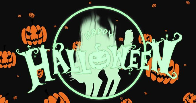 Animation of happy halloween text over falling pumpkins