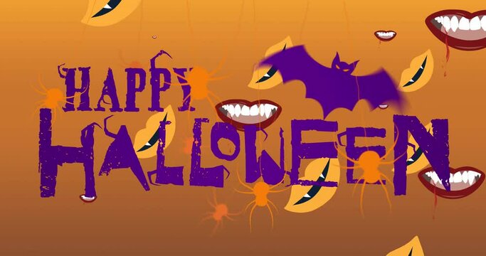 Animation of happy halloween text over falling vampire lips