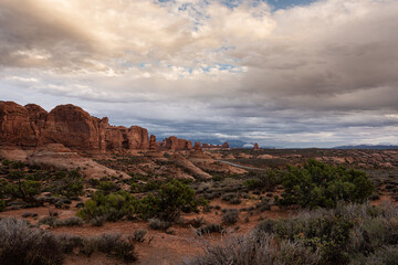 Dramatic views of desert landscape in Arches National Park, Utah