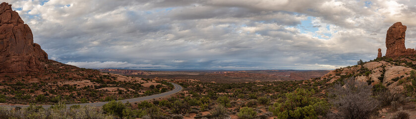 Panoramic landscape of the beautiful Garden of Eden desert terrain in Arches National Park, Utah