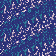 Seamless vector pattern of ornamental lined white abstract flowers in blue and purple tones