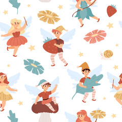 Seamless repeatable pattern with pixies or elves, flat vector illustration.