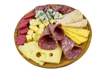 Antipasti platter with assortment of italian salami and cheese isolated on white background