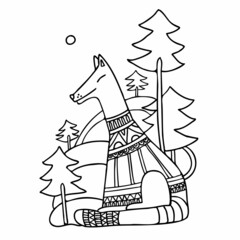 Isolated vector black and white lined illustration of sleeping cute wolf in sweater in the forest
