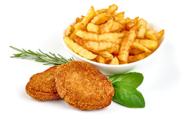 Fried breaded cutlets with french fries, Isolated on white background.