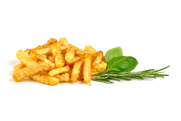 Crunchy French fries, isolated on white background.