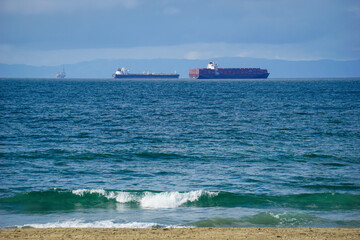 Cargo ships waiting in Pacific ocean off of Southern California coast