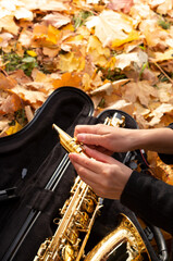 A musician girl tunes a saxophone. Close-up of a golden saxophone in a case against a background of...
