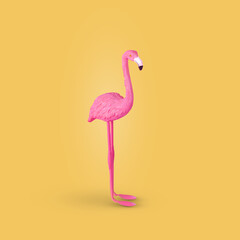Minimal idea with pink flamingo bird on pastel yellow background.
