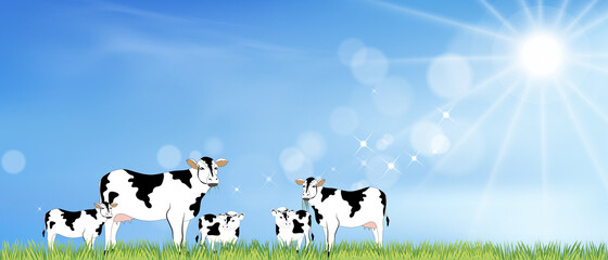 Rural landscape farm fields with family cows grazing eating grass in sunny day spring, Vector cartoon Beautiful Summer of green meadow with blue sky and Sun shining,Horizontal background banner - obrazy, fototapety, plakaty