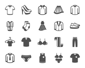 Clothes icons. T-shirt, Footwear and bathrobe icons. Hoody sweatshirt, T-shirt with hanger and suit. Skirt, Women dress and high heels shoes. Socks, panties with bra and bathrobe. Vector
