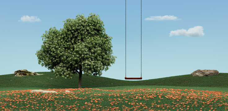 Beautiful green grass land under clear bright sky with rock, foliage and single tree with a swing hanging from sky for header images, 3d Rendering