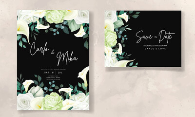 beautiful hand drawn rose and calla lily flower wedding invitation card - obrazy, fototapety, plakaty