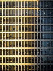 Rows of rectangular windows illuminated by sunlight. The English word window originated from Old Norse language vindauga. Modern windows are usually glazed and covered with transparent material.