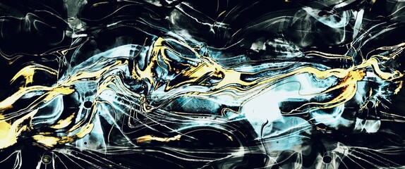 Fluid dark and gold alcohol ink background, modern hand drawn art with metallic layer, luxury wall decoration, blue accent, wallpaper for printed materials, liquid graphic design