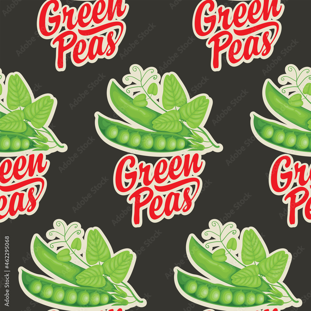 Poster seamless pattern with green peas and inscriptions on a black background in retro style. vector repea