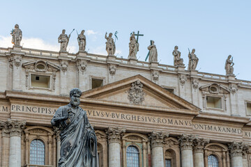 Fototapeta na wymiar Low angle view of the front Facade of the St. Peters Basilica in the Vatican