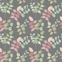 Elegant seamless pattern with eucalyptus and roses leaves on green-gray background. Elements are hand drawn in watercolor. For autumn stationery design, fabric, wrapping paper, farmhouse style decor.