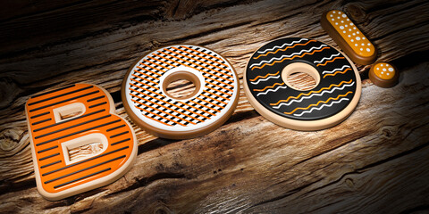 Boo! - Halloween cookies with icing, wooden background - 3D illustration