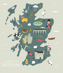 Vector illustrated map of Scotland with famous symbols