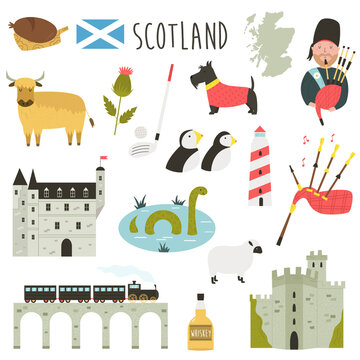 Set of famous symbols, icons of Scotland