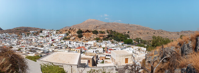 View from the hill of the old town of Lindos in Greece.