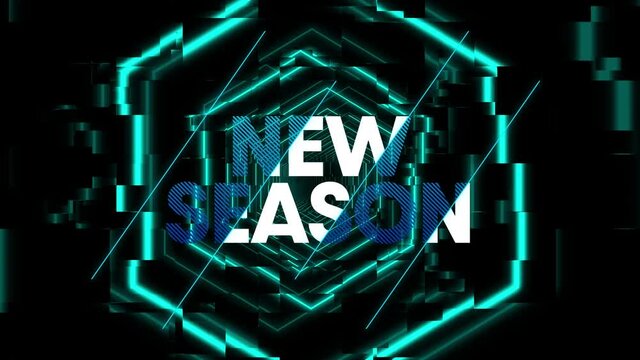 Animation of new season in white and blue text over blue neon hexagons on black background