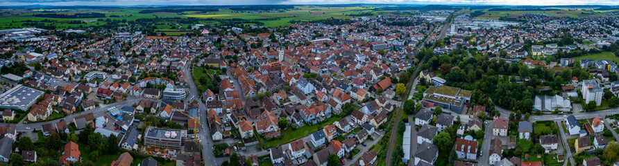 Fototapeta na wymiar Aerial view around the city Bad Saulgau in Germany on a cloudy day in summer 