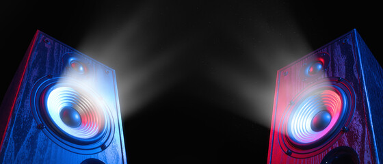 Two sound speakers in neon light with sound wave between them on black.