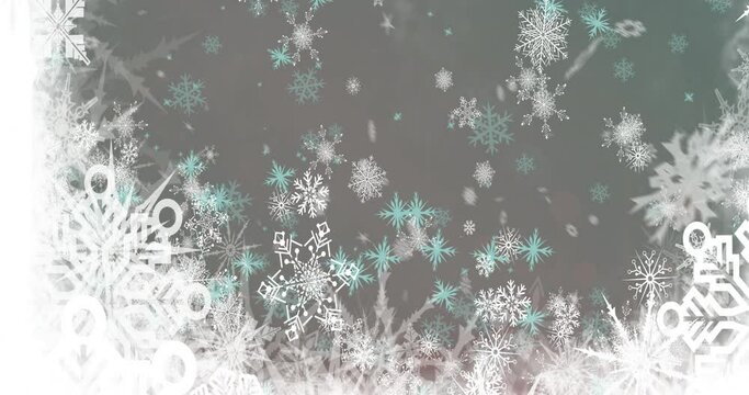 Animation of snow falling over christmas snowflakes on grey background