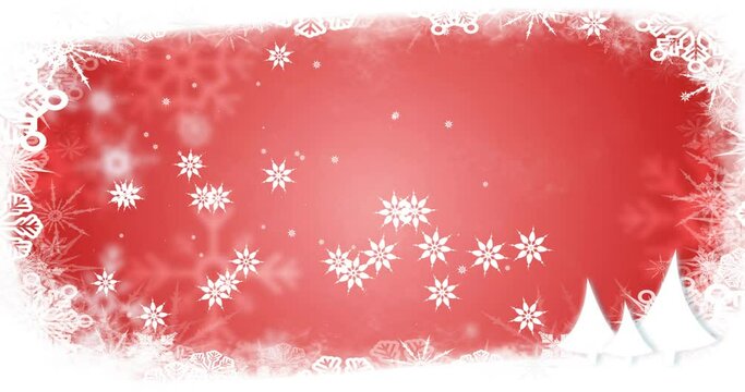 Animation of snow falling at christmas, over snowflakes on red background