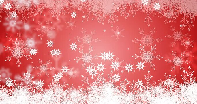 Animation of snow falling over snowflakes at christmas on red background