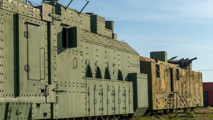 Armored battle train. Second world war. Armoured train displayed at the exhibition of the Railway...