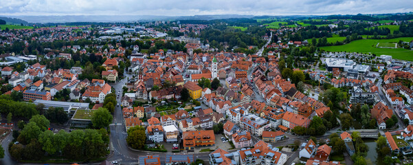 Aerial view around the city Wangen im Allgäu in Germany on a cloudy day in summer