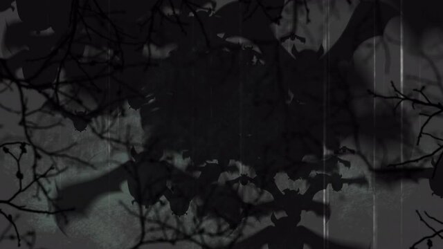 Animation of interference over scary halloween bats flying and tree branches on grey background