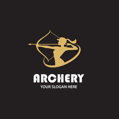 emblem of archering girl with bow and arrow isolated on black background