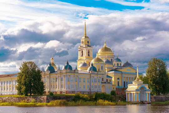 Travel landscape. Nilo-Stolobensky Monastery in Tver region, Ostashkov, Russia.  summer sunny view