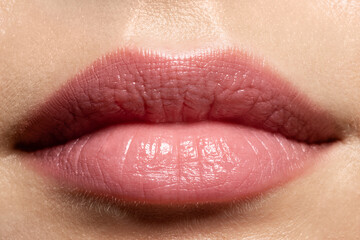 Macro beautiful full lips with natural lipstick - obrazy, fototapety, plakaty