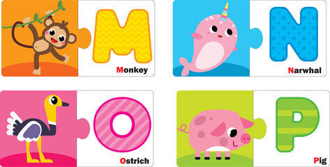 Baby alphabet puzzle. Lern abc. Animal puzzle for kids. Baby animal. Preschool abc set.