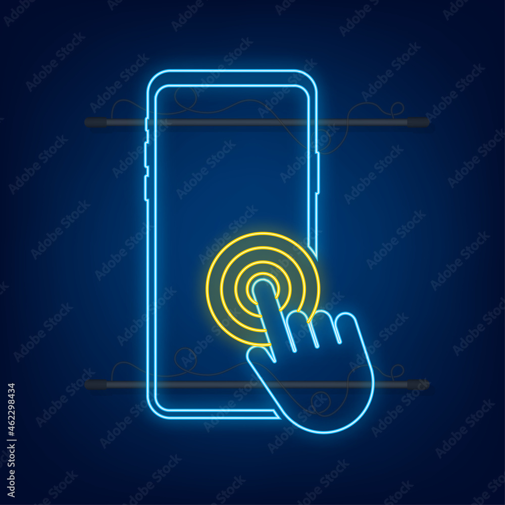 Poster click smartphone. empty screen, phone mockup. neon device mockup. cursor icon vector. hand pointer v