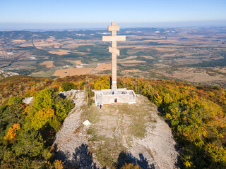 Aerial view of The monument at Okolchica, Bulgaria