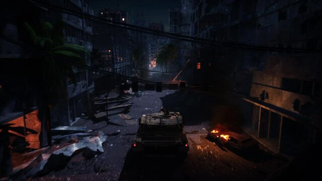 4K Fake 3D warzone tank simulator at night
