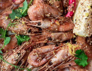 oysters in cream sauce.decorated with black caviar and greens